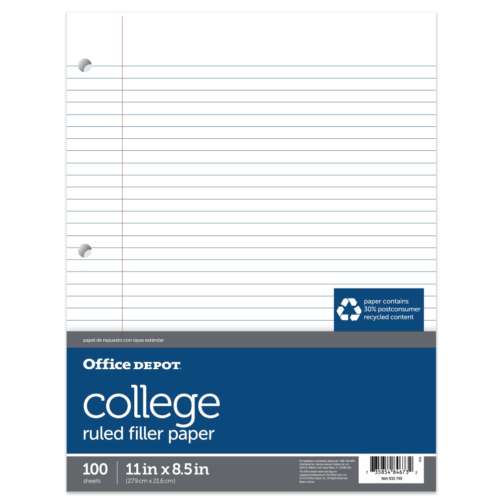 Office Depot Brand College-Ruled Notebook Filler Paper, 3-Hole Punched, 11in x 8 1/2in, 100 Sheets (Min Order Qty 52) MPN:OD932749