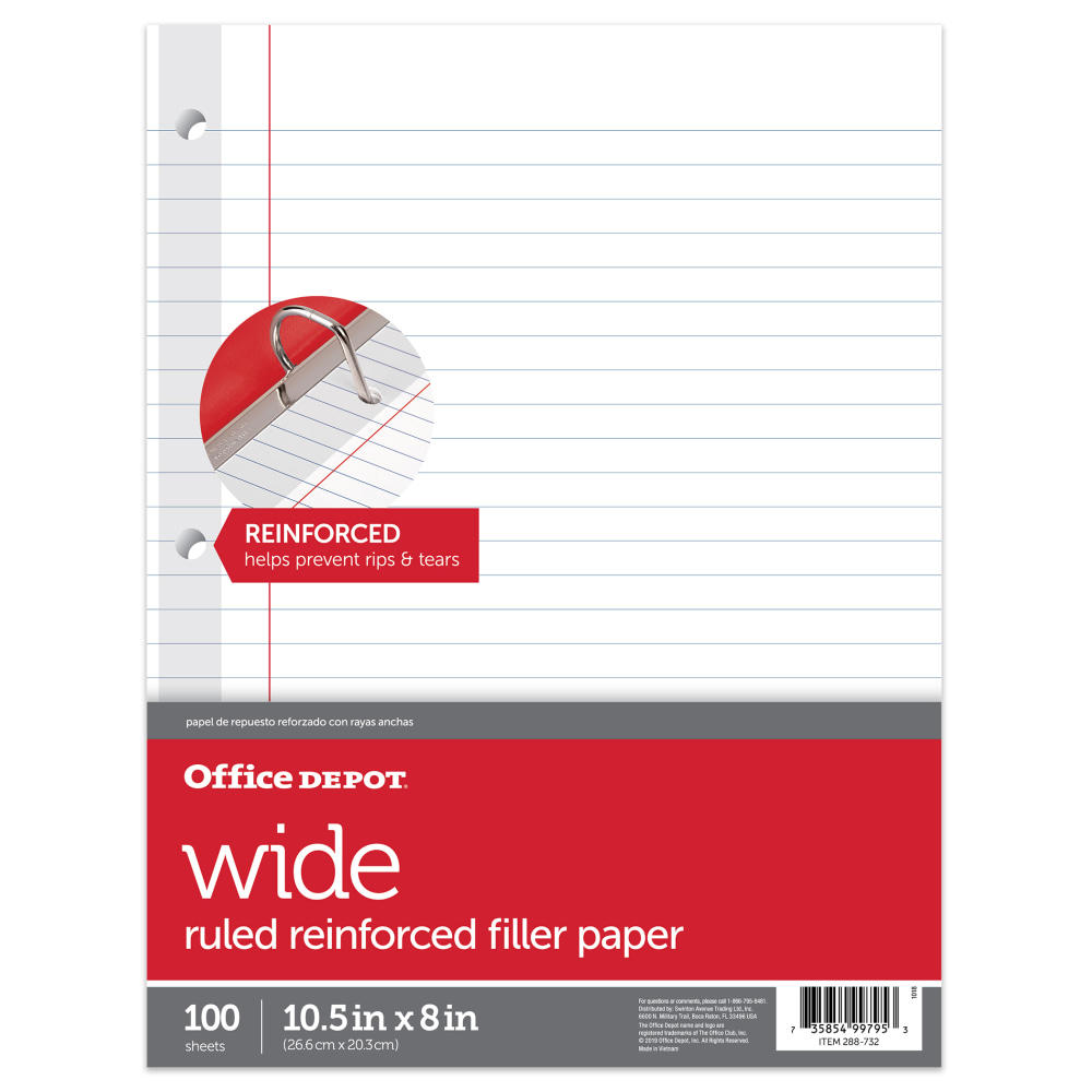 Office Depot Brand Reinforced Filler Paper, 8in x 10 1/2in, 16 Lb, Wide Ruled, White, Pack Of 100 (Min Order Qty 39) MPN:YG1410241