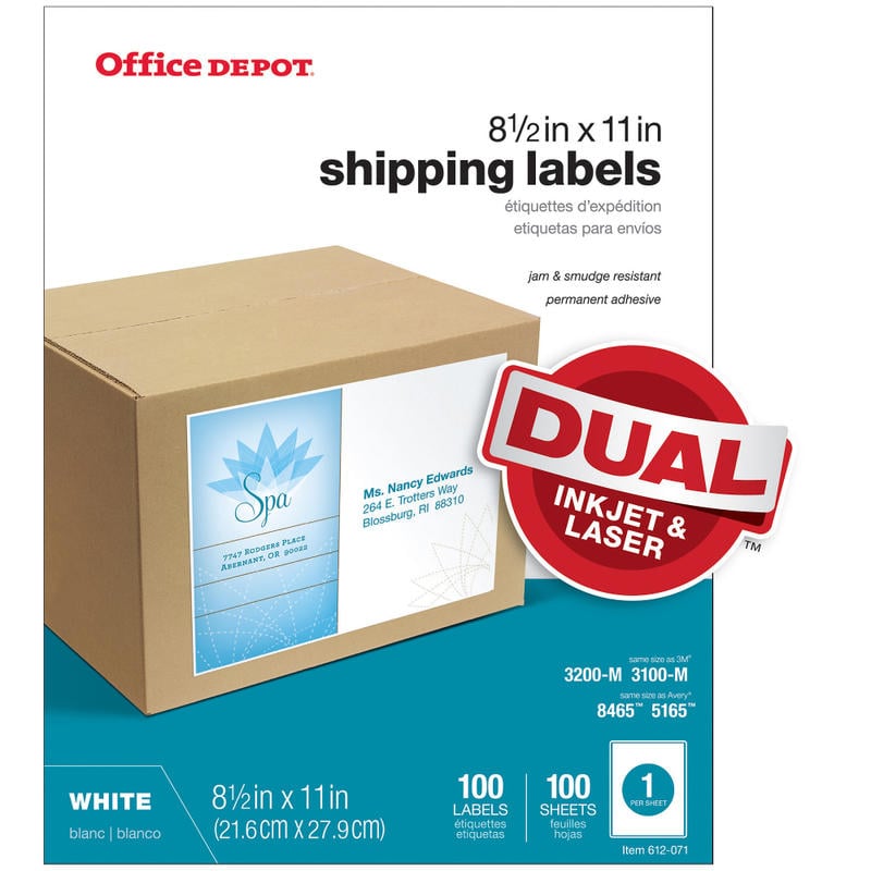 Office Depot Brand Inkjet/Laser Shipping Labels, Rectangle, 8 1/2in x 11in, Full-Sheet, White, Pack Of 100 (Min Order Qty 10) MPN:505-O004-0012