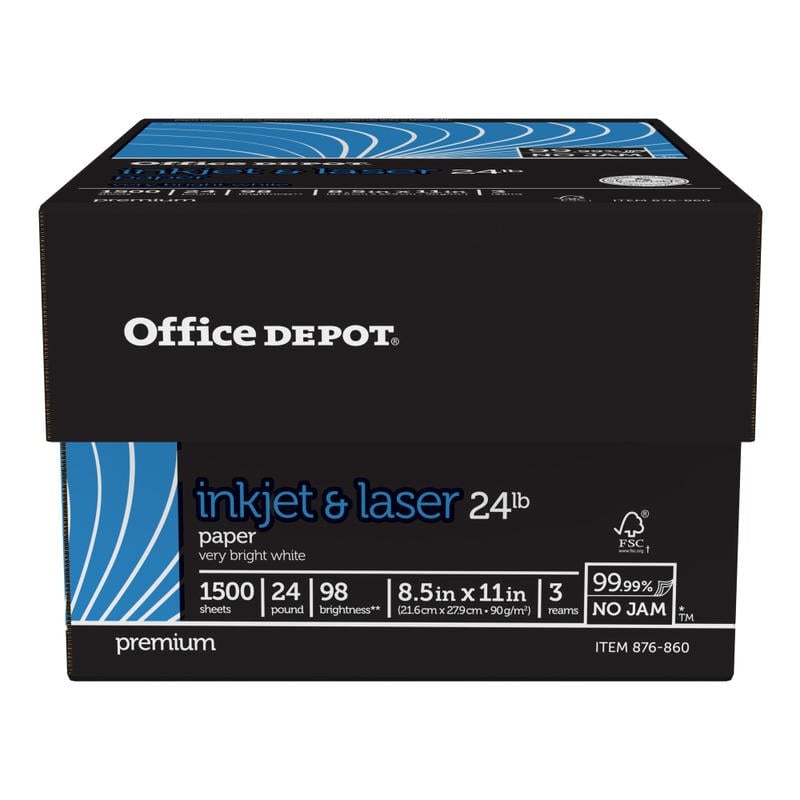 Office Depot Brand Inkjet and Laser Print Paper, Letter Size Paper, 98 Brightness, 24 Lb, 500 Sheets Per Ream, Case Of 3 Reams (Min Order Qty 3) MPN:3892