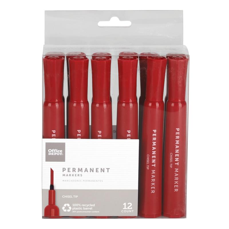 Office Depot Brand Permanent Markers, Chisel Point, 100% Recycled Plastic Barrel, Red Ink, Pack Of 12 (Min Order Qty 20) MPN:PY106605-12RED
