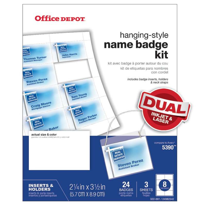 Office Depot Brand Name Badge Kit, Hanging-Style, Convention Size,  2-1/4in x 3-1/2in, Pack Of 24 (Min Order Qty 7) MPN:OD98848
