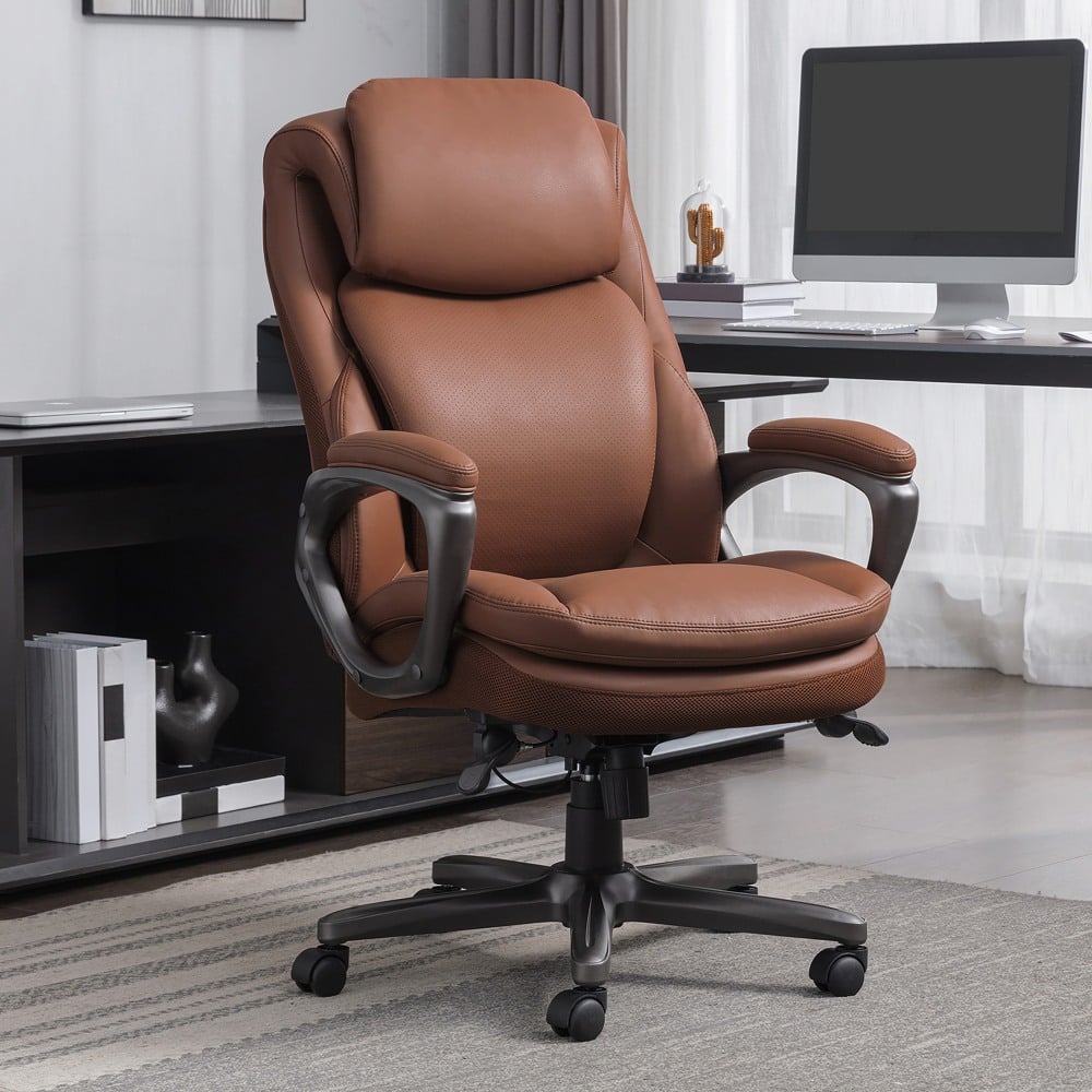 Serta Smart Layers Arlington AIR Ergonomic Bonded Leather High-Back Executive Office Chair, Cognac Brown/Dark Gray, BIFMA Compliant MPN:45315-CBRN