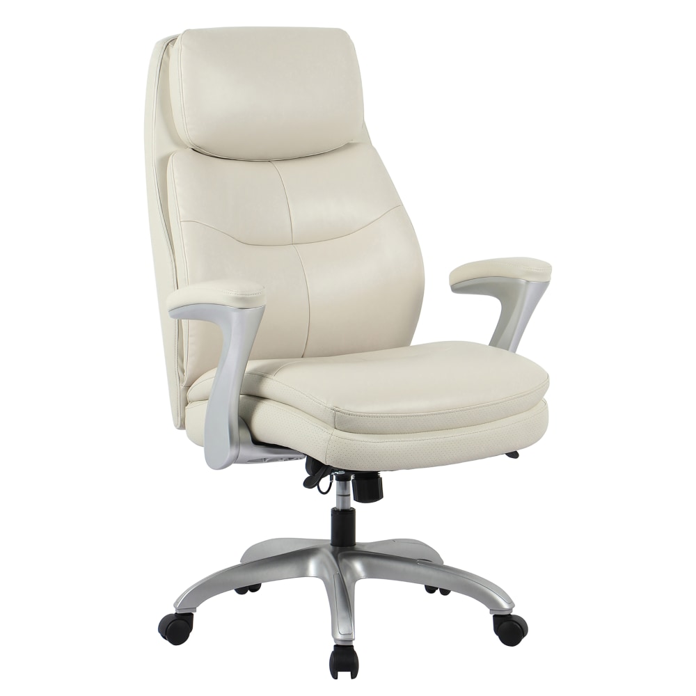 Realspace Everton Ergonomic Vegan Leather High-Back Executive Chair with Flip-Up Armrests, Beige/Silver, BIFMA Compliant MPN:HLC-5327