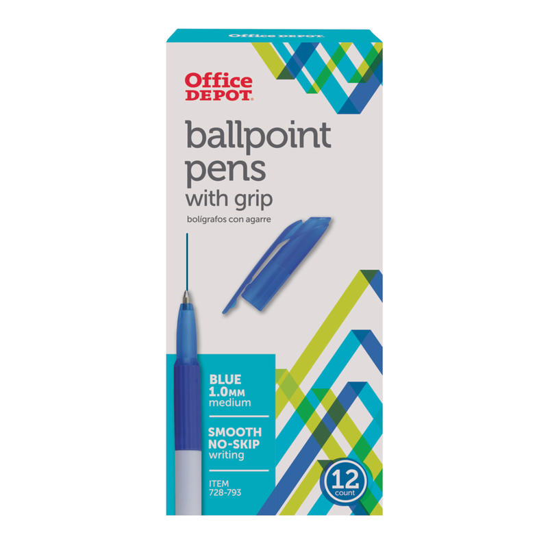 Office Depot Brand Grip Ballpoint Pens, Medium Point, 1.0 mm, White Barrel, Blue Ink, Pack Of 12 Pens MPN:1314