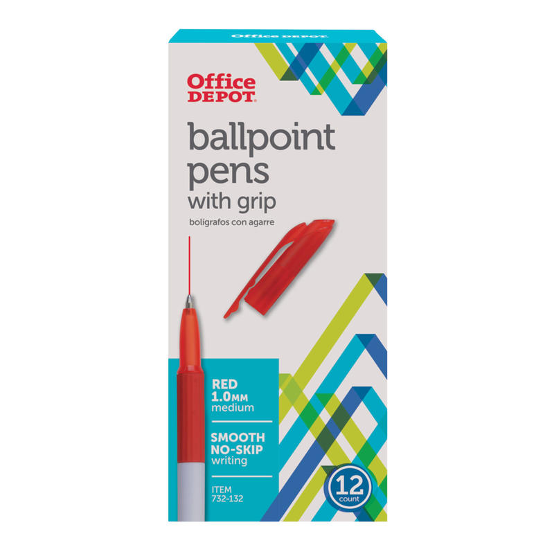 Office Depot Brand Grip Ballpoint Pens, Medium Point, 1.0 mm, White Barrel, Red Ink, Pack Of 12 Pens MPN:1315