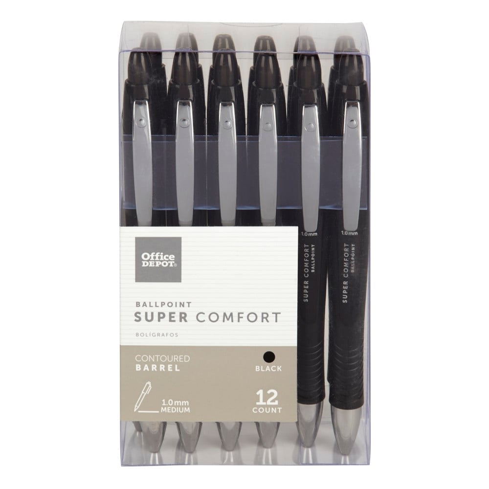 Office Depot Brand Super Comfort Grip Retractable Ballpoint Pens, Medium Point, 1.0 mm, Black Barrel, Black Ink, Pack Of 12 MPN:AH534-12-B