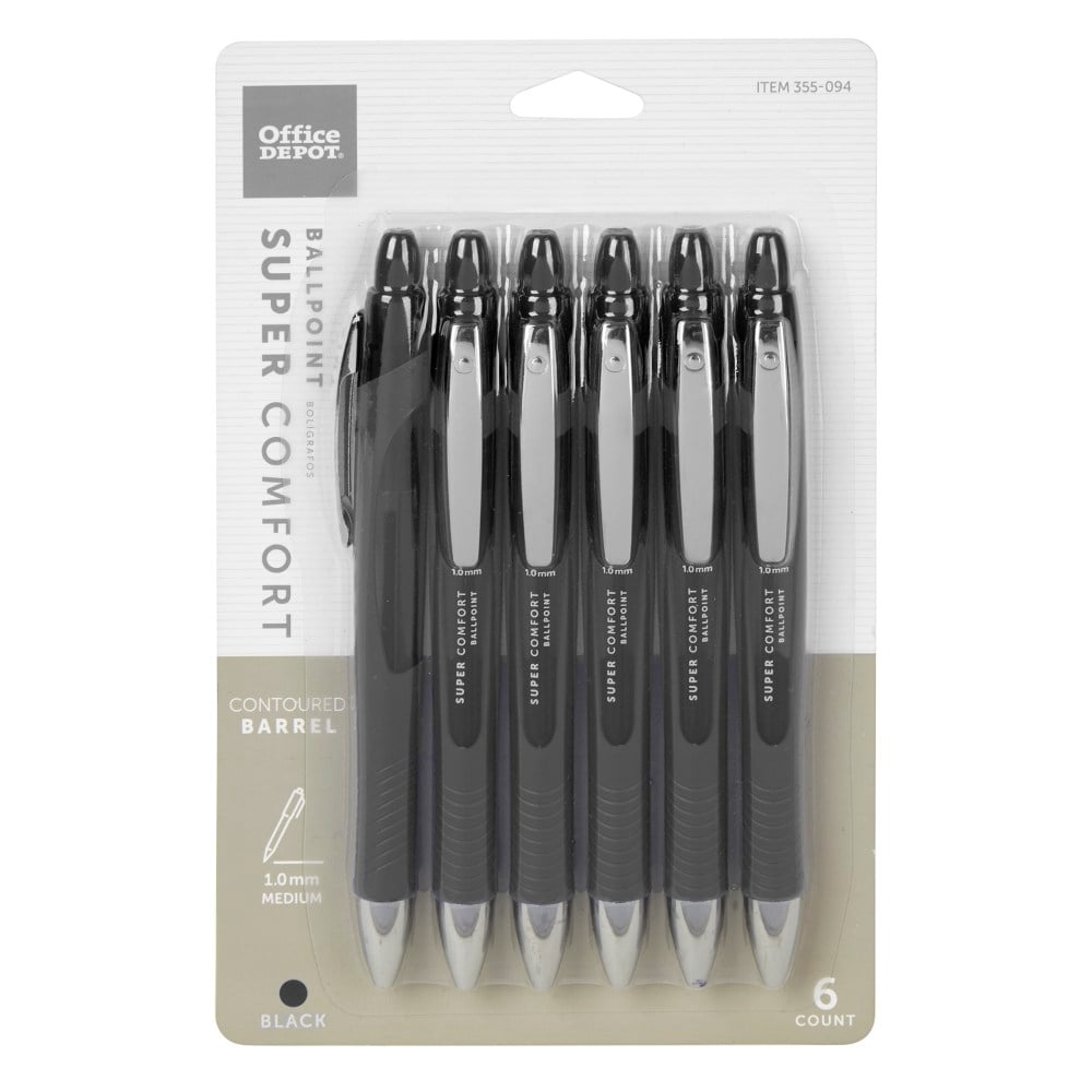 Office Depot Brand Retractable Ballpoint Pens With Grip, Medium Point, 1.0 mm, Black Barrel, Black Ink, Pack Of 6 (Min Order Qty 25) MPN:AH534-6-B