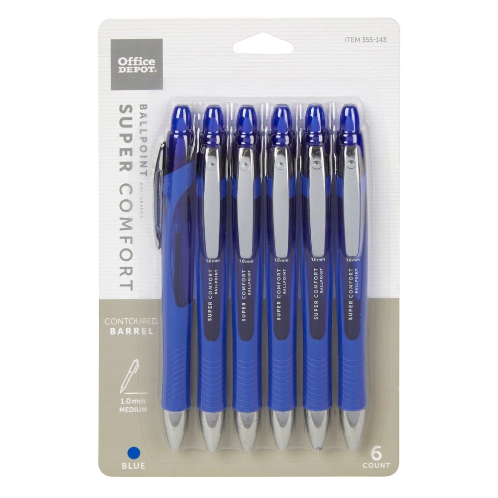 Office Depot Brand Retractable Ballpoint Pens With Grip, Medium Point, 1.0 mm, Blue Barrel, Blue Ink, Pack Of 6 (Min Order Qty 24) MPN:AH534-6-BL