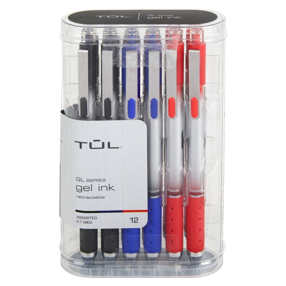 TUL GL Series Retractable Gel Pens, Medium Point, 0.7 mm, Silver Barrel, Assorted Business Inks, Pack Of 12 Pens (Min Order Qty 5) MPN:BG07P12BA