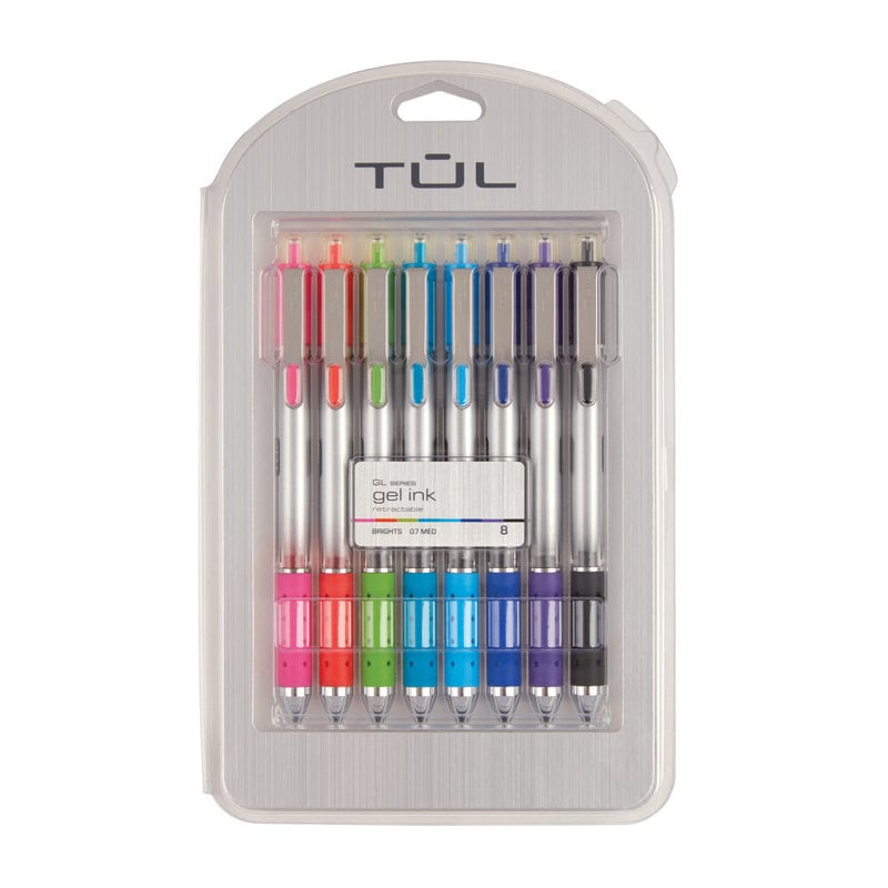 TUL GL Series Retractable Gel Pens, Medium Point, 0.7 mm, Silver Barrel, Assorted Bright Inks, Pack Of 8 Pens (Min Order Qty 7) MPN:BG07P8