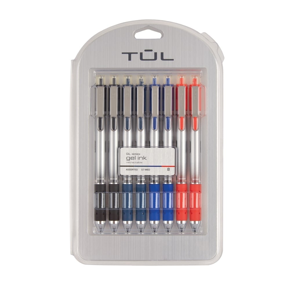 TUL GL Series Retractable Gel Pens, Medium Point, 0.7 mm, Sliver Barrel, Assorted Standard Inks, Pack Of 8 Pens (Min Order Qty 7) MPN:BG07P8BA
