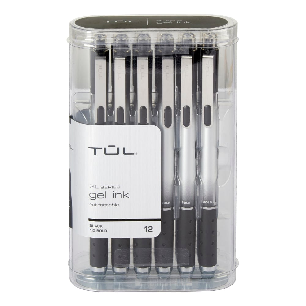 TUL GL SeriesRetractable Gel Pens, Bold Point, 1.0 mm, Silver Barrel, Black Ink, Pack Of 12 Pens (Min Order Qty 5) MPN:BG10P12BK