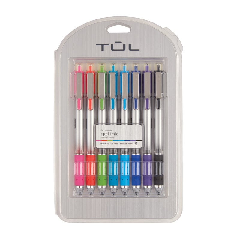 TUL GL Series Retractable Gel Pens, Needle Point, 0.5 mm, Silver Barrel, Assorted Bright Inks, Pack Of 8 Pens (Min Order Qty 7) MPN:BGNP05P8