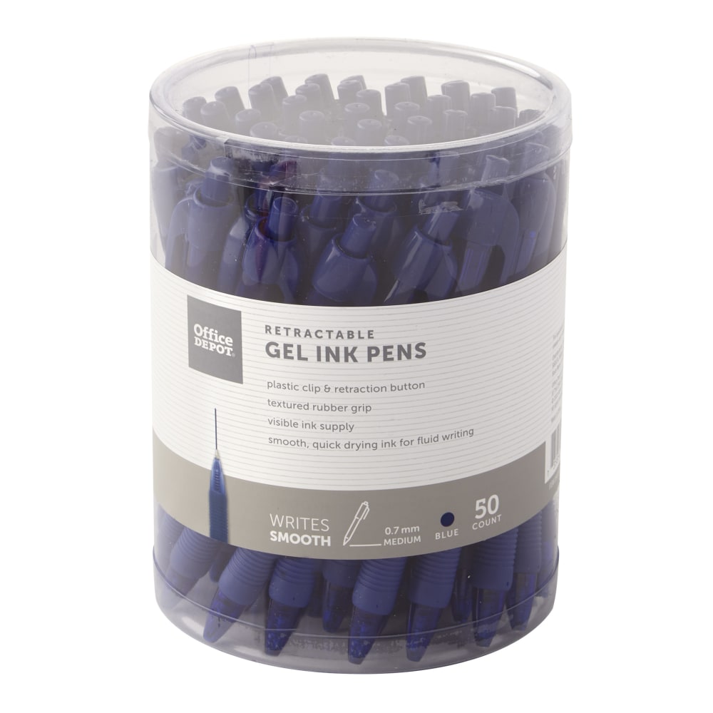 Office Depot Brand Callisto Retractable Gel Ink Pens, Medium Point, 0.7 mm, Blue Barrels, Blue Ink, Pack Of 50 Pens MPN:GP110202-BE