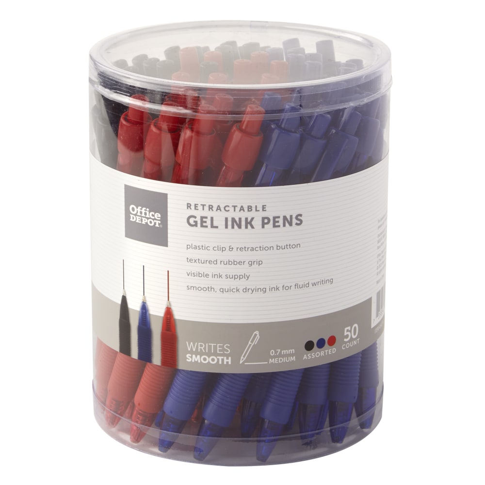 Office Depot Brand Callisto Retractable Gel Ink Pens, Medium Point, 0.7 mm, Assorted Barrel Colors, Assorted Ink Colors, Pack Of 50 Pens MPN:GP110202ASST