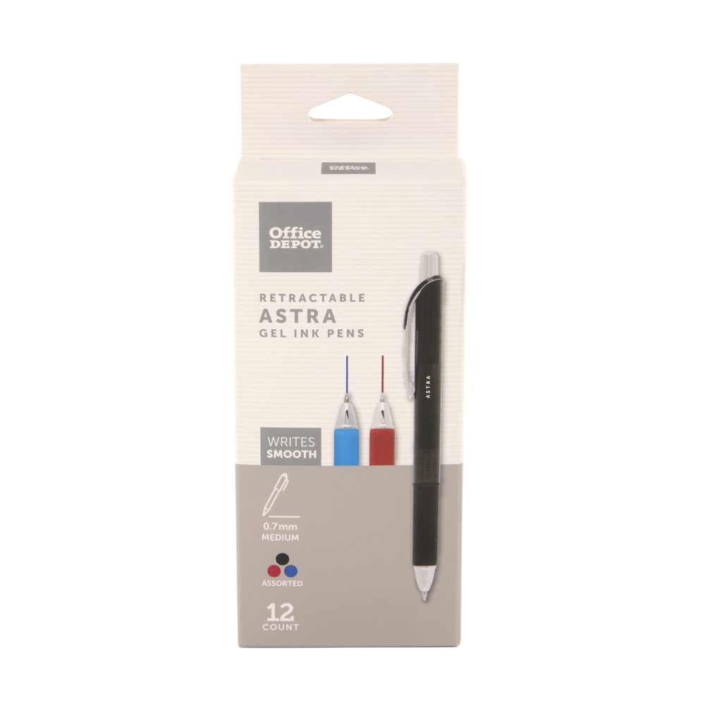 Office Depot Brand Astra Retractable Gel Ink Pens, Medium Point, 0.7 mm, Assorted Barrel Colors, Assorted Ink Colors, Pack Of 12 Pens MPN:GP191800-ASS