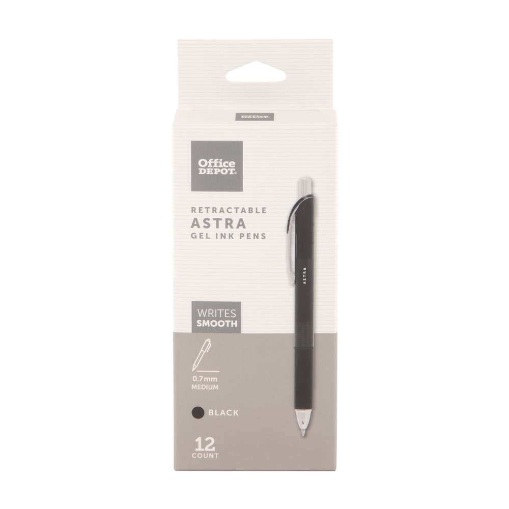 Office Depot Brand Astra Retractable Gel Ink Pens, Medium Point, 0.7 mm, Black Barrel, Black Ink, Pack Of 12 Pens MPN:GP191800-BK