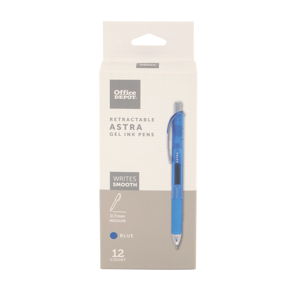 Office Depot Brand Astra Retractable Gel Ink Pens, Medium Point, 0.7 mm, Blue Barrel, Blue Ink, Pack Of 12 Pens MPN:GP191800-BL