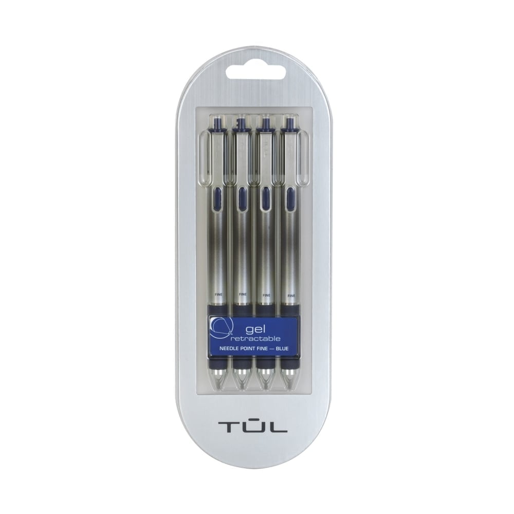 TUL GL Series Retractable Gel Pens, Needle Point, 0.5 mm, Silver Barrel, Blue Ink, Pack Of 4 Pens (Min Order Qty 14) MPN:OM01890