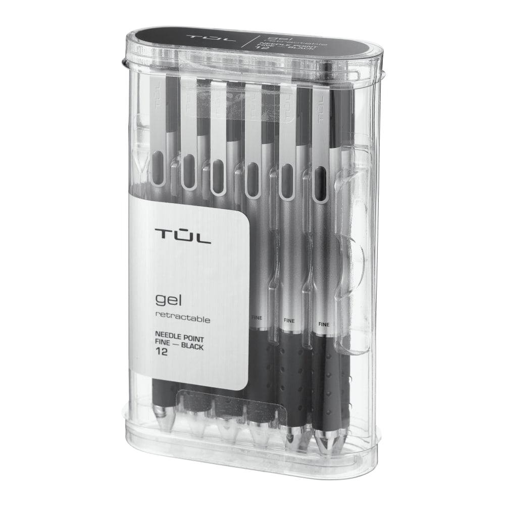 TUL GL Series Retractable Gel Pens, Needle Point, 0.5 mm, Silver Barrel, Black Ink, Pack Of 12 Pens (Min Order Qty 5) MPN:OM05328