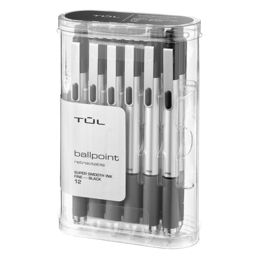 TUL BP Series Retractable Ballpoint Pens, Fine Point, 0.8 mm, Silver Barrel, Black Ink, Pack Of 12 Pens (Min Order Qty 5) MPN:OM05331
