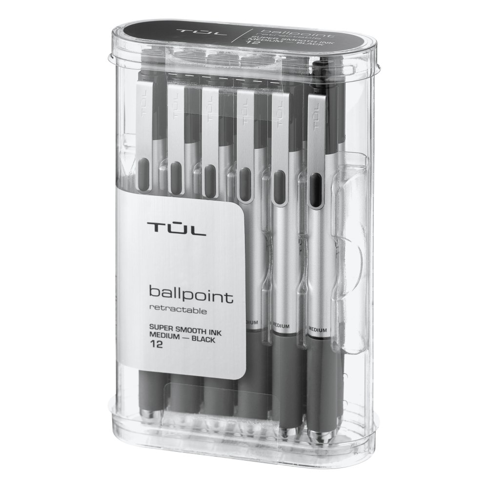 TUL BP Series Retractable Ballpoint Pens, Medium Point, 1.0 mm, Silver Barrel, Black Ink, Pack Of 12 Pens (Min Order Qty 5) MPN:OM05332