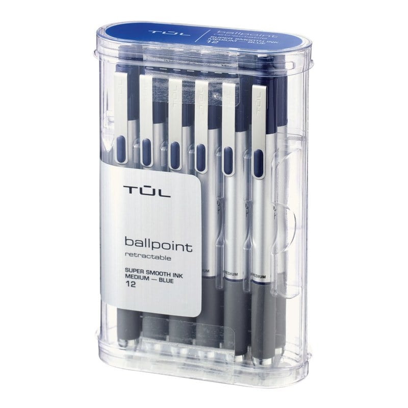 TUL BP Series Retractable Ballpoint Pens, Medium Point, 1.0 mm, Silver Barrel, Blue Ink, Pack Of 12 Pens (Min Order Qty 5) MPN:OM05333