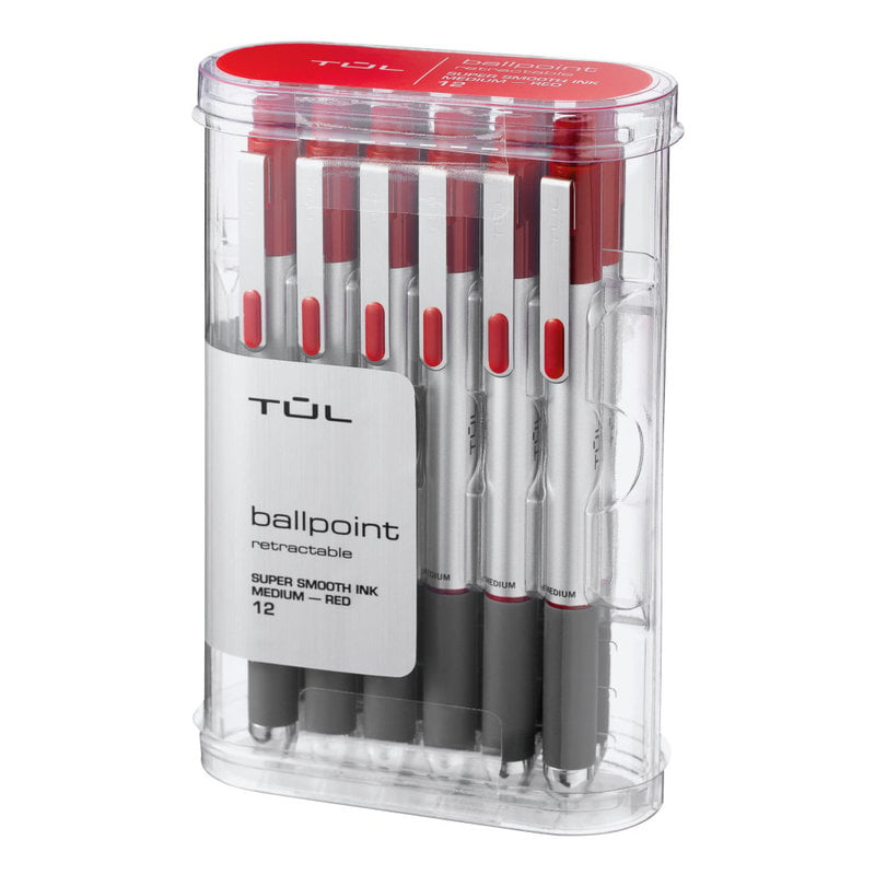 TUL BP Series Retractable Ballpoint Pens, Medium Point, 1.0 mm, Silver Barrel, Red Ink, Pack Of 12 Pens (Min Order Qty 5) MPN:OM05335