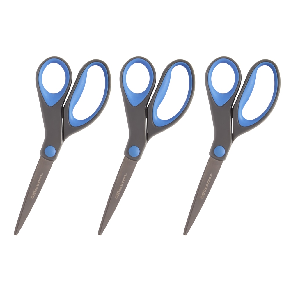 Office Depot Brand Titanium Coated Scissors, 8in, Straight, Dark Gray/Blue, Pack Of 3 Scissors MPN:55943