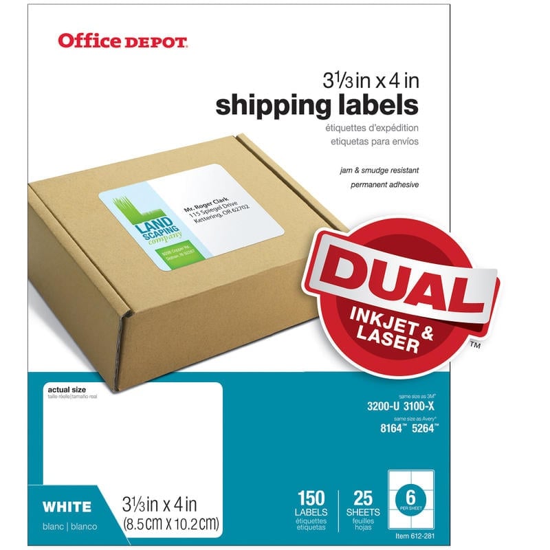 Office Depot Brand Inkjet/Laser Shipping Labels, Rectangle, 3 1/3in x 4in, White, Pack Of 150 MPN:505-O004-0009