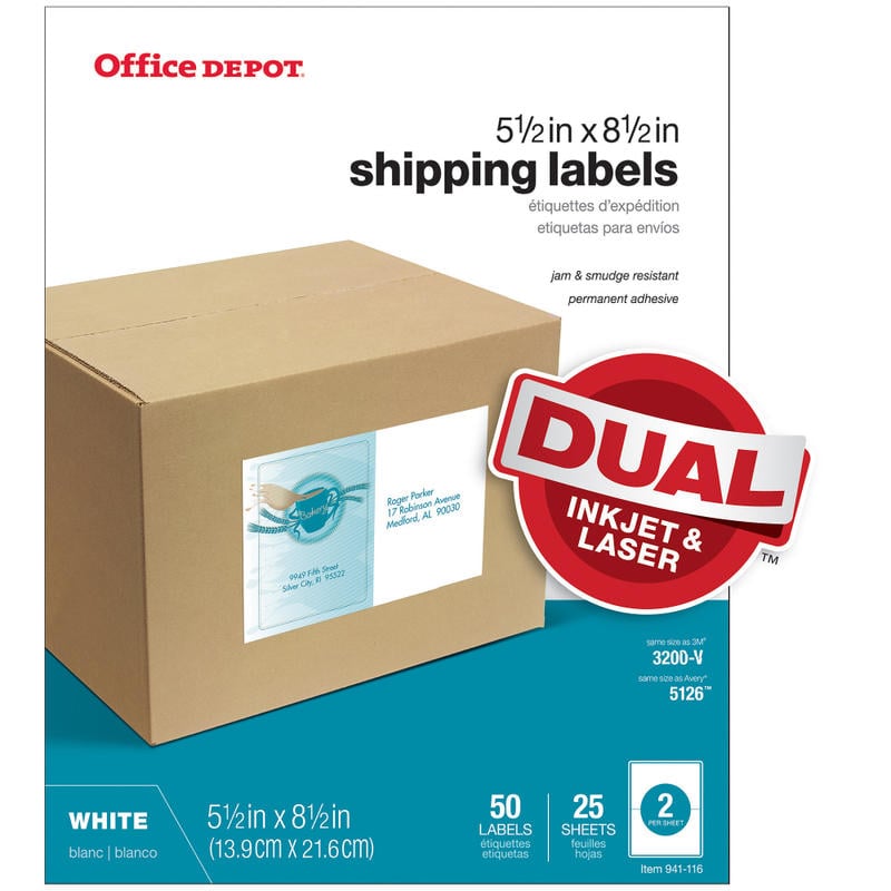 Office Depot Brand Inkjet/Laser Shipping Labels, Rectangle, 5 1/2in x 8 1/2in, White, Pack Of 50 MPN:505-O004-0022