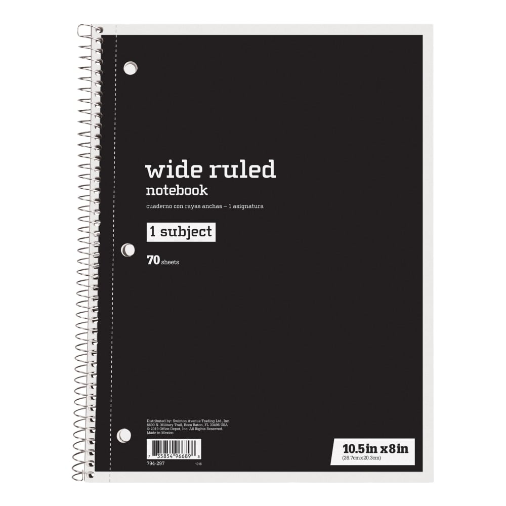Just Basics Spiral Notebook, 8in x 10 1/2in, Wide Ruled, 70 Sheets, Black (Min Order Qty 62) MPN:43171-12
