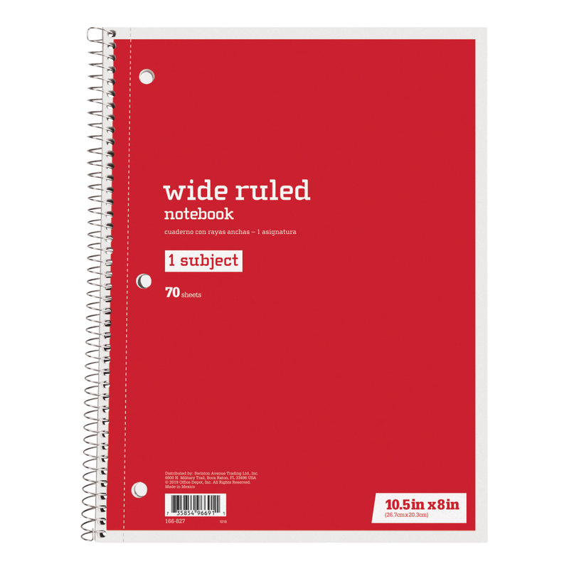 Just Basics Spiral Notebook, 8in x 10-1/2in, Wide Ruled, 70 Sheets, Red (Min Order Qty 62) MPN:43174-12