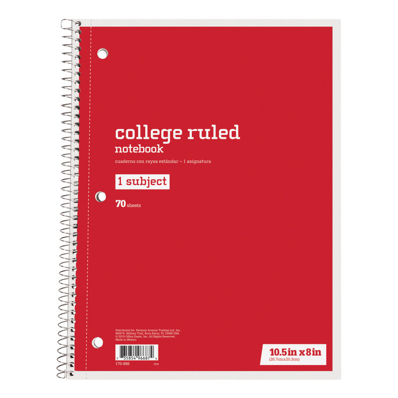 Just Basics Spiral Notebook, 8in x 10 1/2in, College Ruled, 70 Sheets, Red (Min Order Qty 62) MPN:43274-12