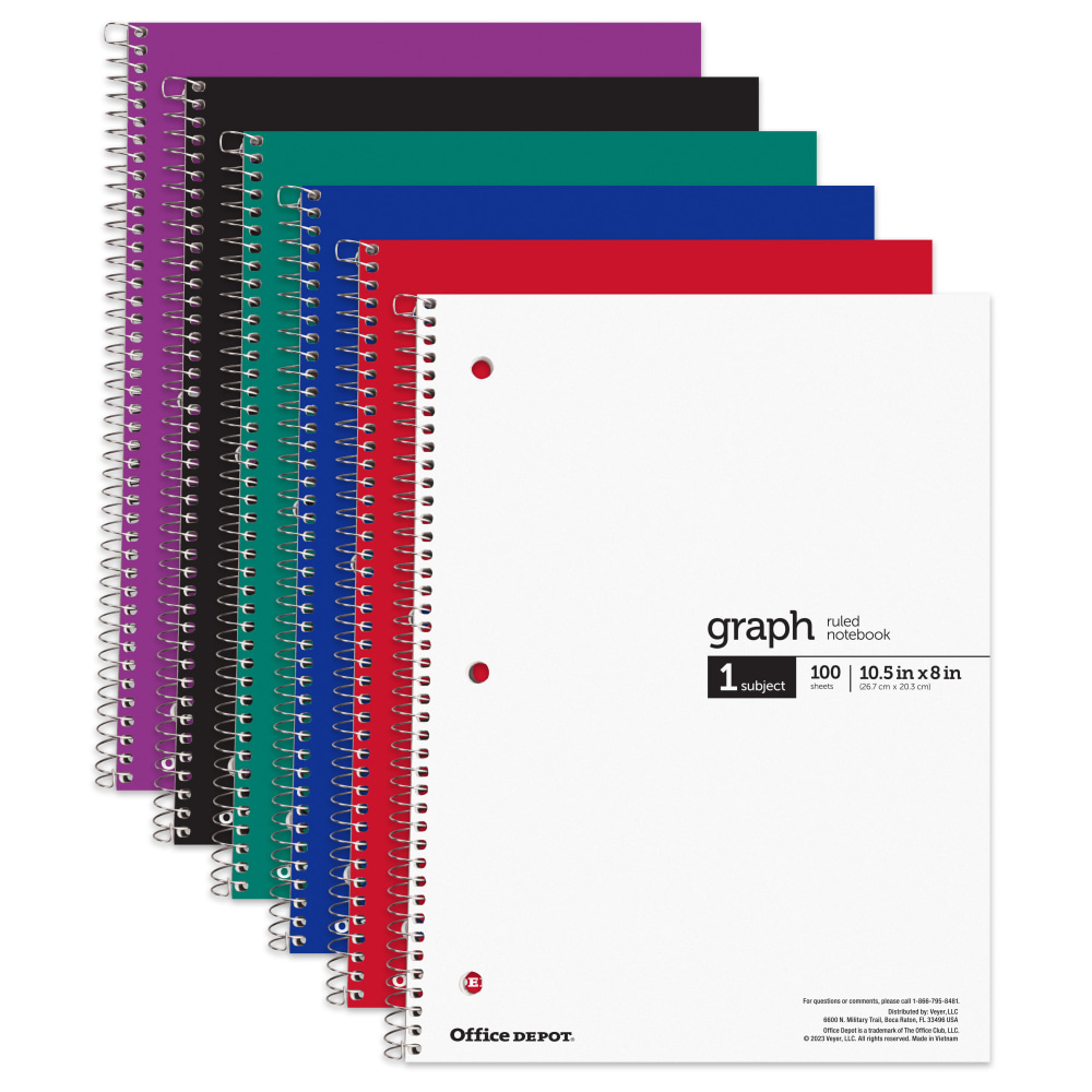Office Depot Wirebound Notebooks, 8in x 10-1/2in, 1 Subject, Quad Ruled, 100 Sheets, Assorted Colors, Pack Of 6 Notebooks MPN:CJV202302