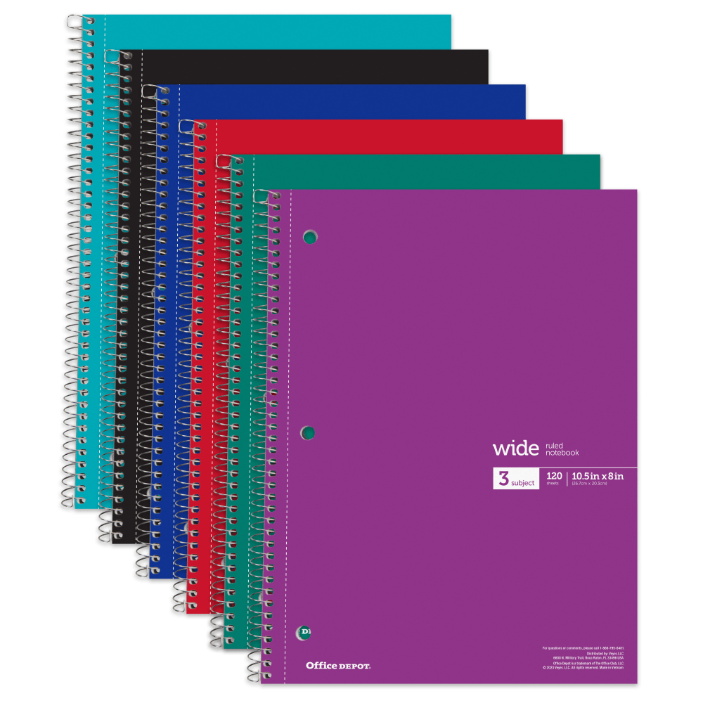 Office Depot Wirebound Notebooks, 8in x 10-1/2in, 3 Subjects, Wide Ruled, 120 Sheets, Assorted Colors, Pack Of 6 Notebooks MPN:CJV202304