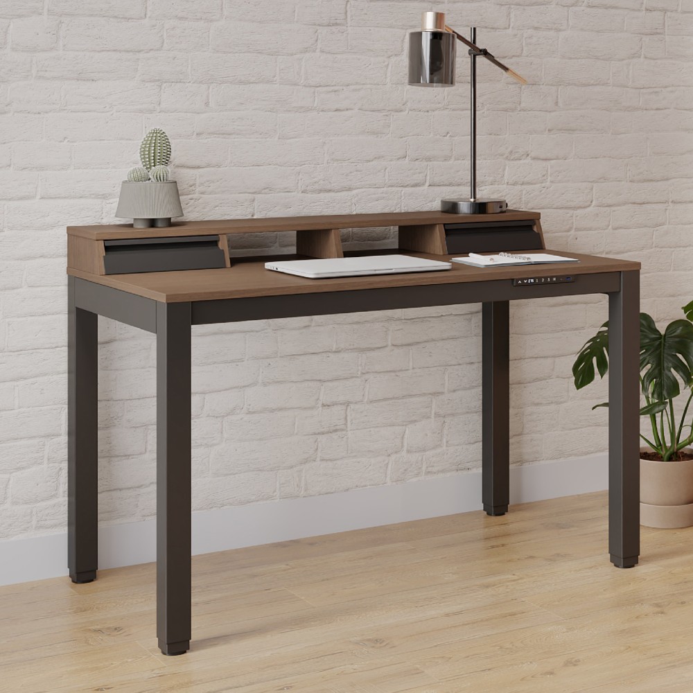 Realspace Bellano 48inW 4-Leg Electric Height-Adjustable Standing Desk with Hutch, Walnut/Black, BIFMA Compliant MPN:LEYDA