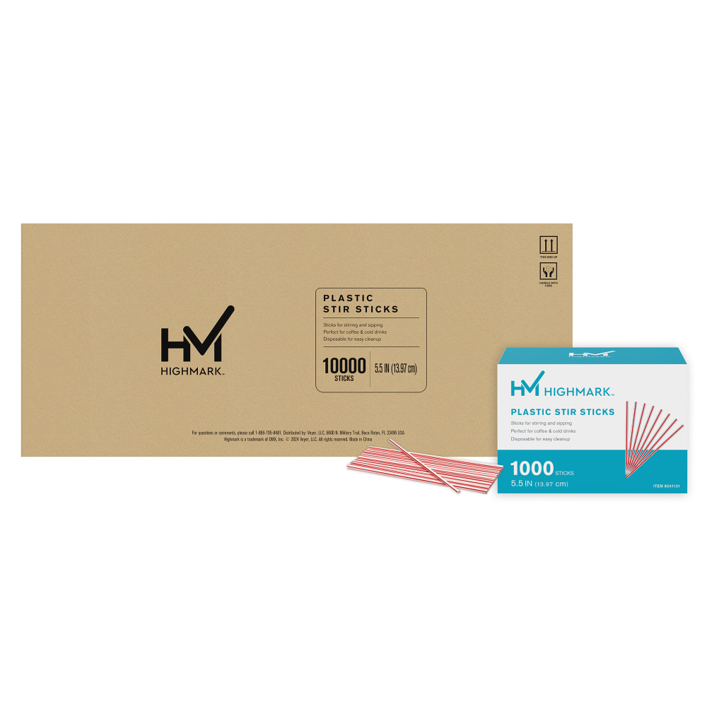 Highmark Plastic Stir Sticks, 5-1/2in, Red/White, Case Of 10, 000 MPN:TBD22