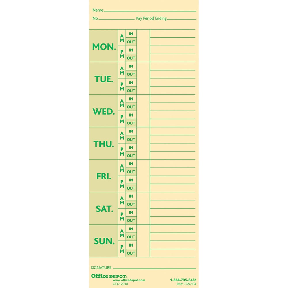 Office Depot Brand Time Cards With Deductions, Weekly, Monday-Sunday Format, 2-Sided, 3 3/8in x 8 7/8in, Manila, Pack Of 100 (Min Order Qty 30) MPN:ODV735104