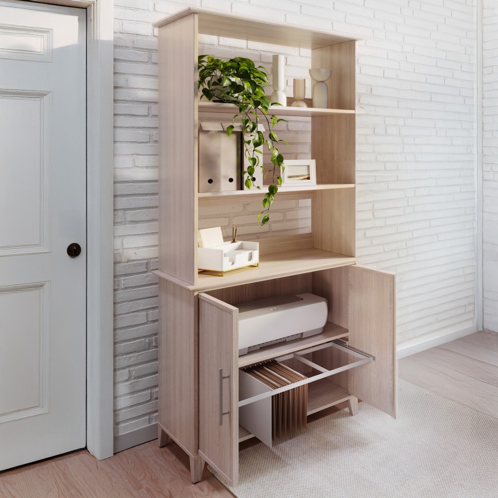 Realspace Koru 72inH 3-Shelf Bookcase With Printer Shelf & File Storage, Natural Oak, BIFMA Compliant MPN:GLK20230305-2