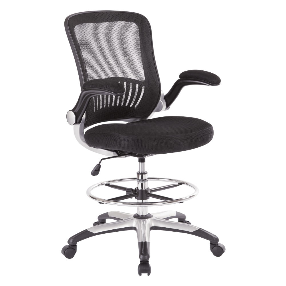 Office Star Mesh Back Drafting Chair With Mesh Seat, Adjustable Foot Ring And Padded Flip Arms, Black/Silver MPN:DCY69006-3M