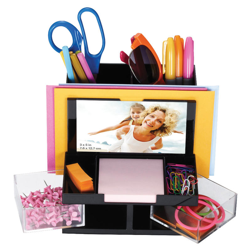 OIC VersaPlus Plastic 9-Compartment Desk Organizer, 5 1/2inH x 6 1/4inW x 6 5/16inD, Black/Clear MPN:23112