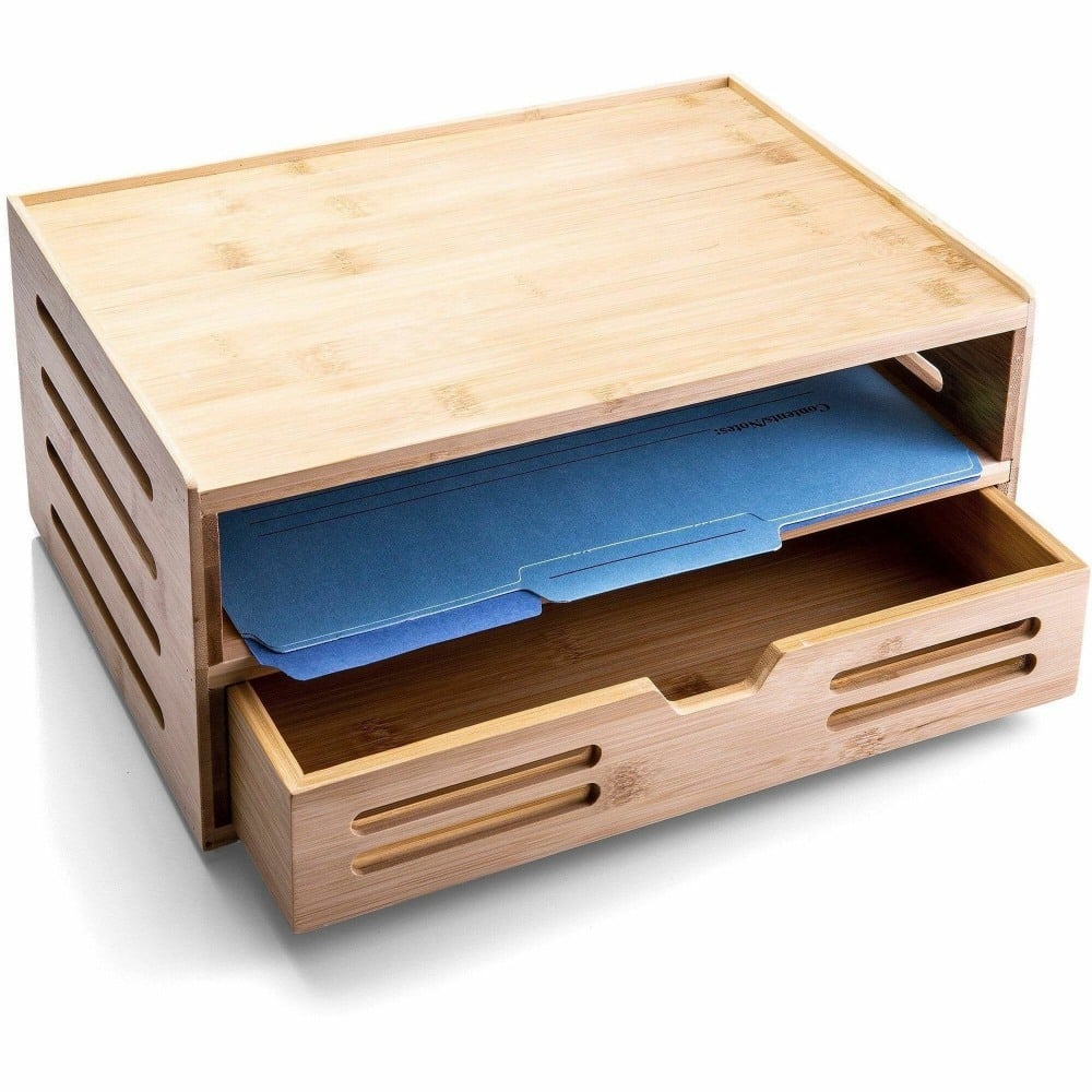 Achieva Bamboo File Organizer with Drawer - Horizontal - 7.7in Height x 14in Width x 10in Depth - Stackable - Side-loading, - 1 Each MPN:71005