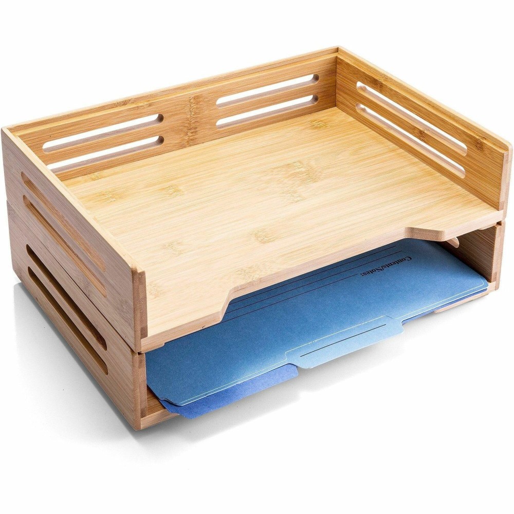 Officemate Bamboo Stackable Side Load Letter Trays, 4-1/2inH x 14-1/8inW x 10-1/2inD, Natural, Pack Of 2 Trays MPN:71004
