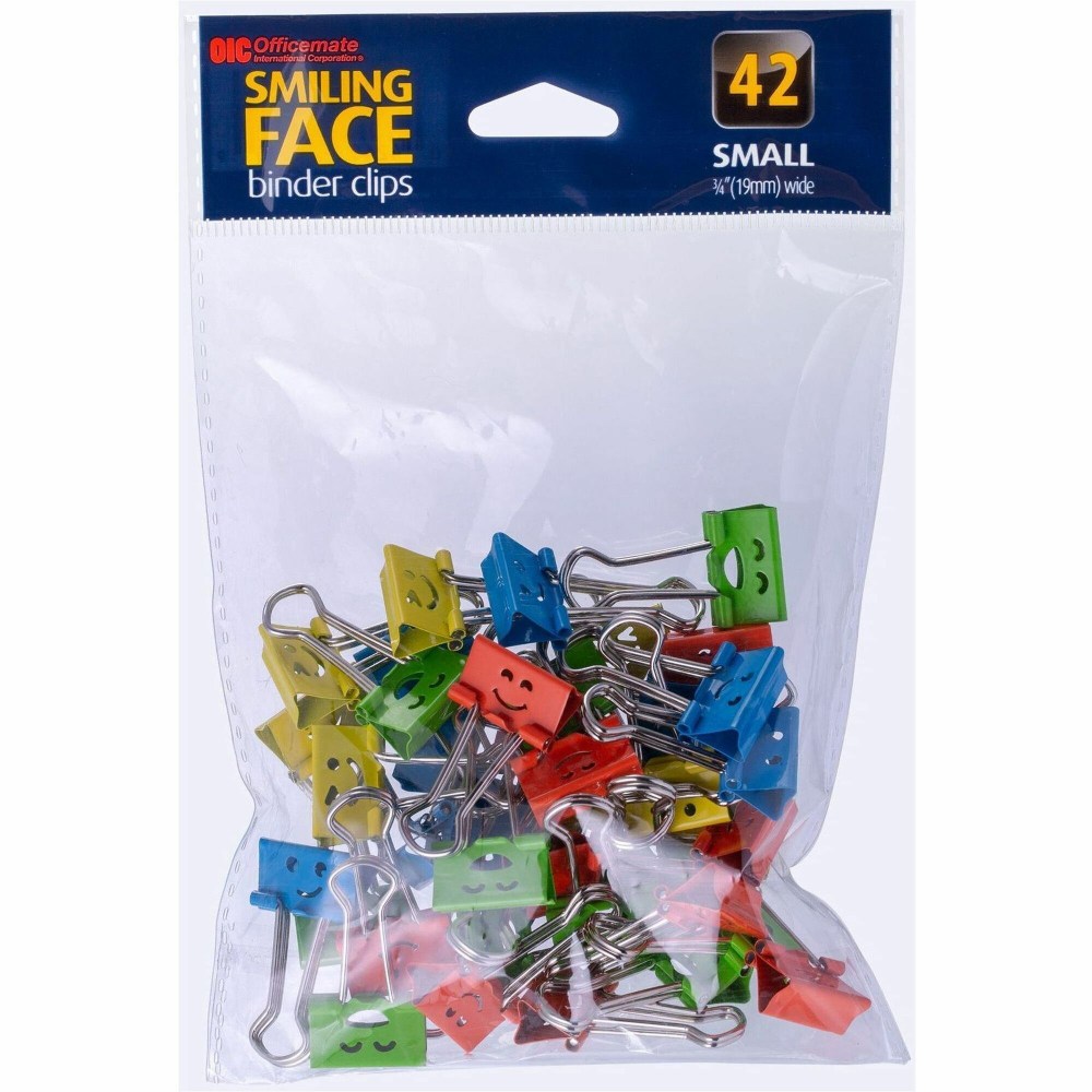Officemate Smiling Faces Binder Clips, 42PC - Small - 2.9inx0.8in- 0.38in Size Capacity - Foldable, Removable Handle - 42/Bag - Green, Red, White, Yellow MPN:31090