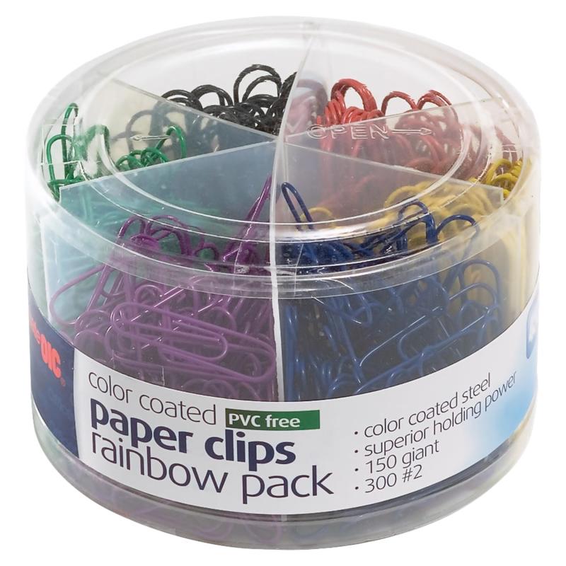 OIC Officemate Nylon Coated Paper Clips, Tub Of 450, Giant, Assorted Colors MPN:97227