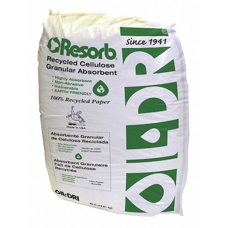 Granular Sorbent, 3 gal Absorbed per Package, 30 lb Bag, Recycled Cellulose, Not Scented, White MPN:L92889-G65