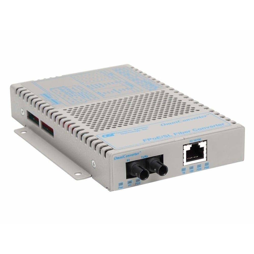 Omnitron OmniConverter FPoE/SL - Fiber media converter - 100Mb LAN - 10Base-T, 100Base-FX, 100Base-TX - RJ-45 / ST single-mode - up to 18.6 miles - 1310 nm MPN:9341-1-11