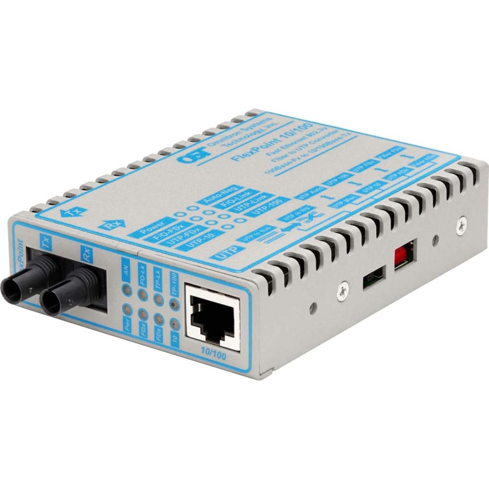 Omnitron FlexPoint 10/100 Ethernet Fiber Media Converter RJ45 ST Single-Mode 30km - 1 x 10/100BASE-TX; 1 x 100BASE-LX; No Power Adapter; Lifetime Warranty MPN:4343-0